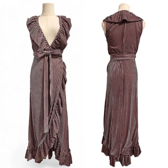 MISA Stripe Velvet Ruffle Wrap Midi ‘EVE’ Dress M Plunged V Neck Fairy Romantic - Picture 2 of 14